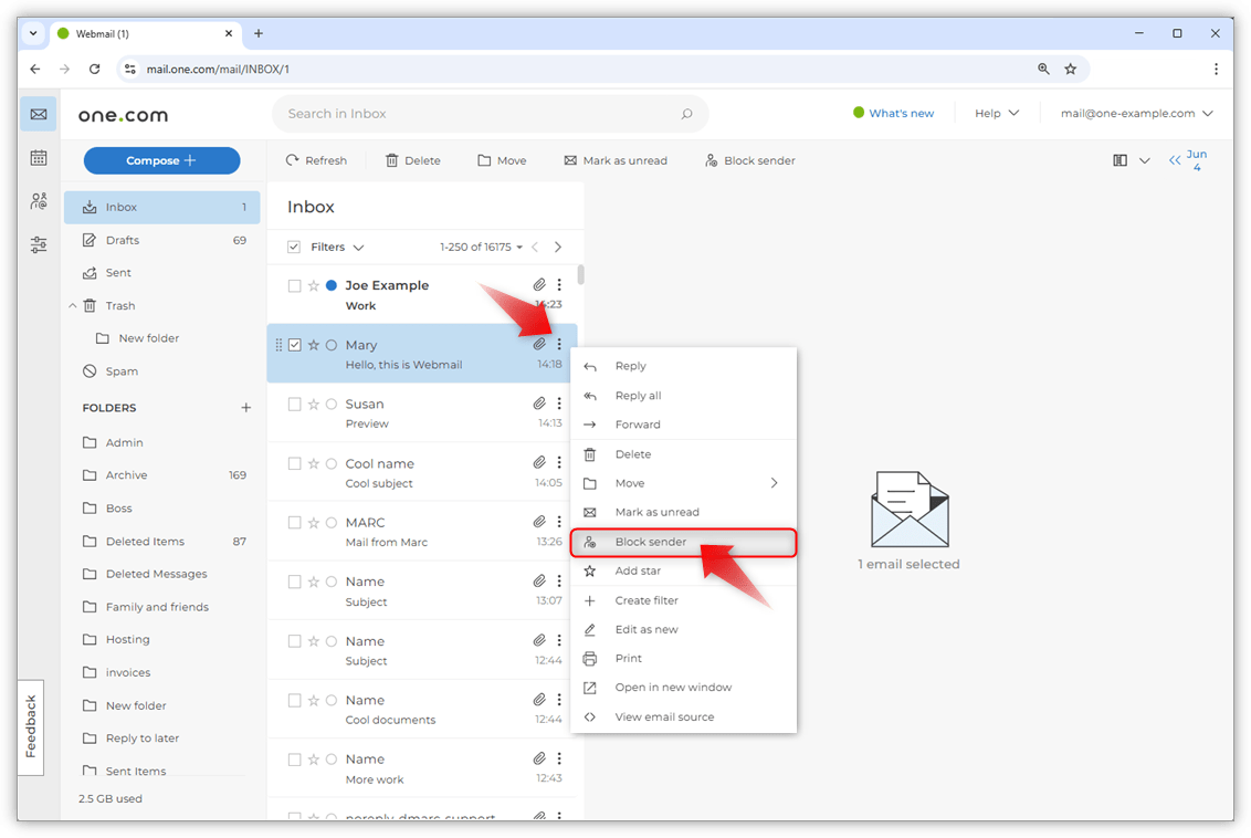 How can I block an email address or domain in Webmail? Support
