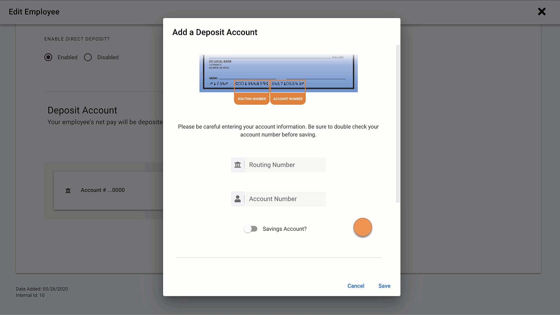 Adding, updating, and splitting employee bank accounts for direct