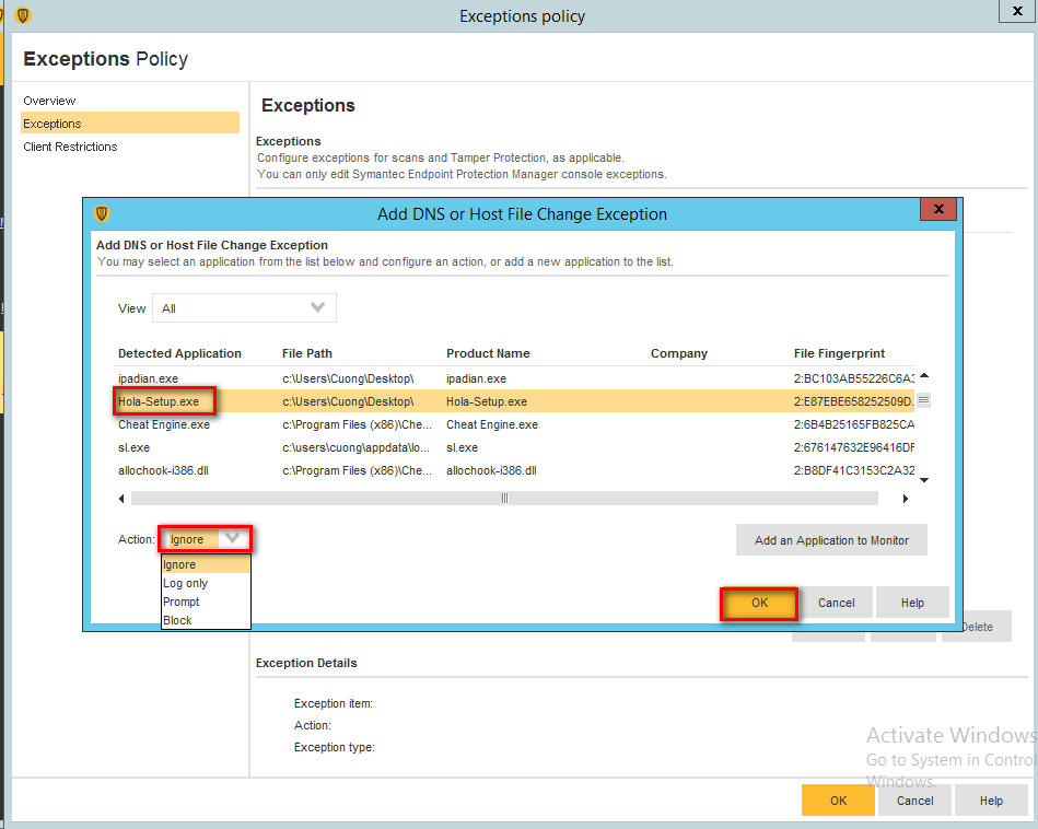 Tạo ngoại lệ cho ứng dụng có thể thay đổi DNS, file host Pacisoft