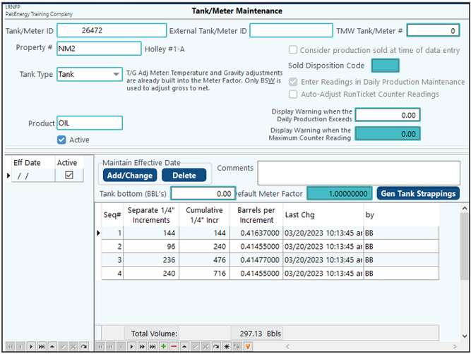 First Purchaser > FP Master File Maint > FP Tank/Meter