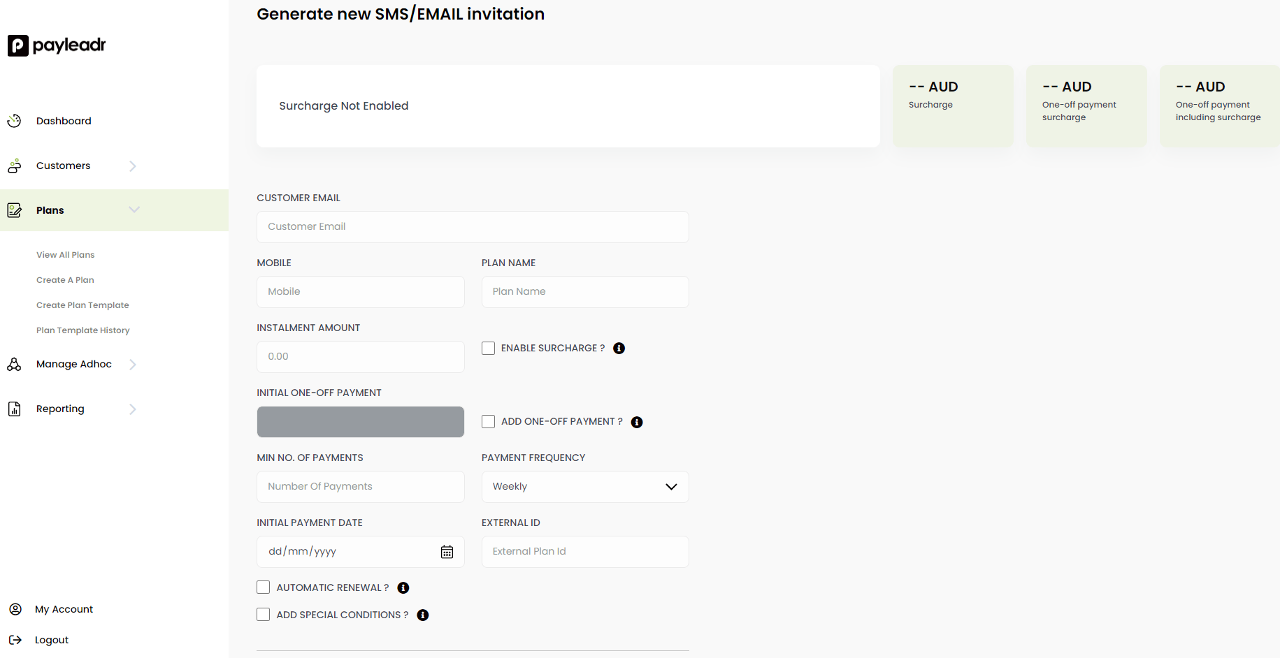 How do I add a unique customer reference number to a customised or bespoke plan?