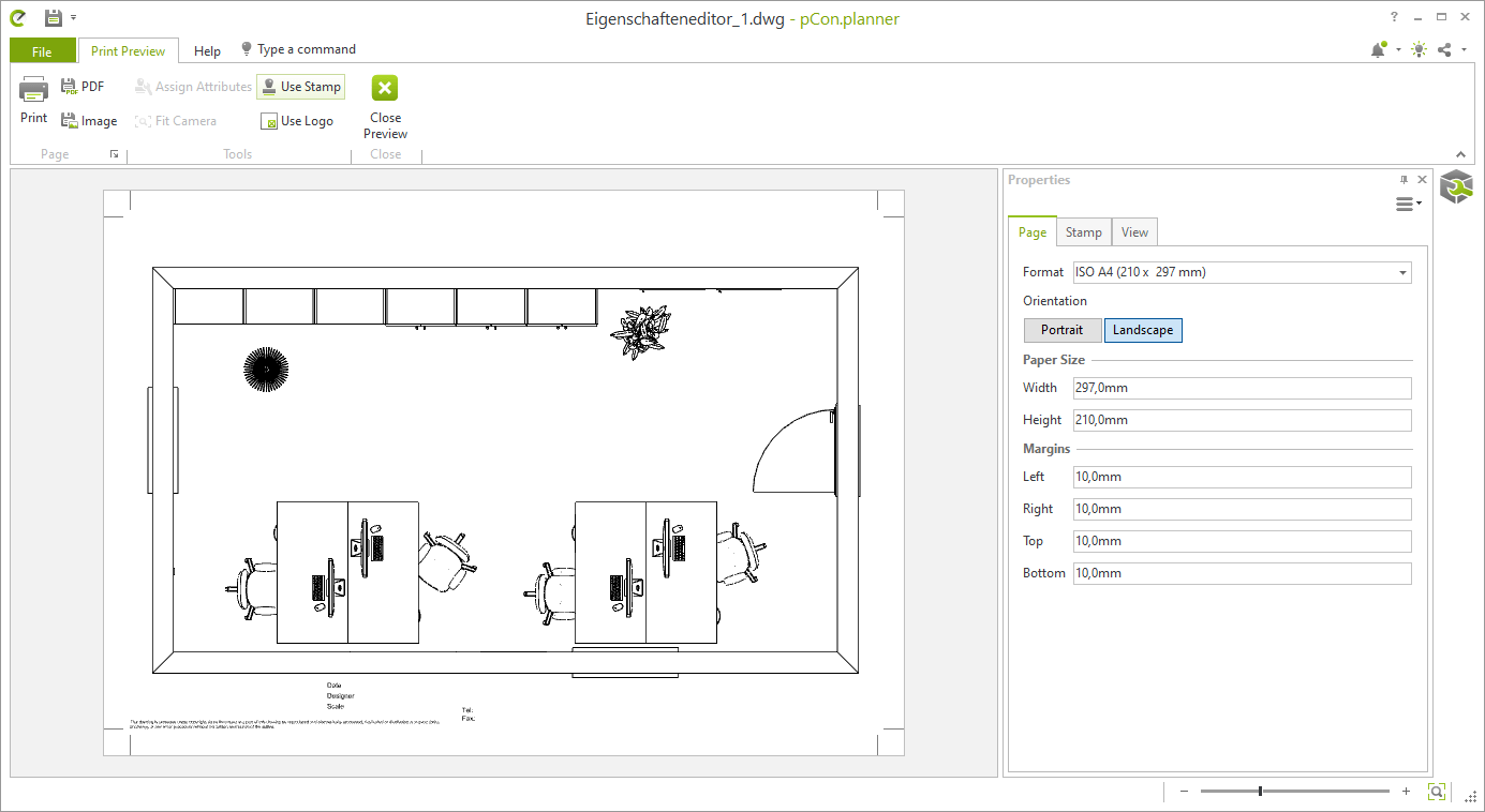 Presenting the design > Print > Print Preview (free pCon.planner)