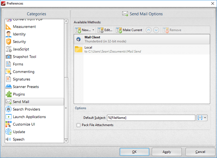 Tabs Guide > File Tab > Preferences > Send Mail