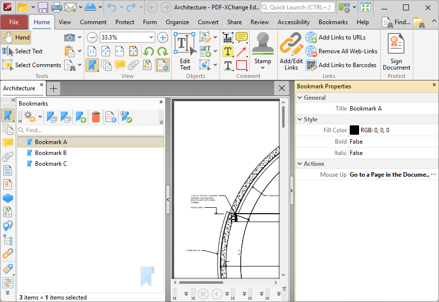 PDFXChange Editor Plus V10 User Manual > Tabs Guide > Bookmarks Tab