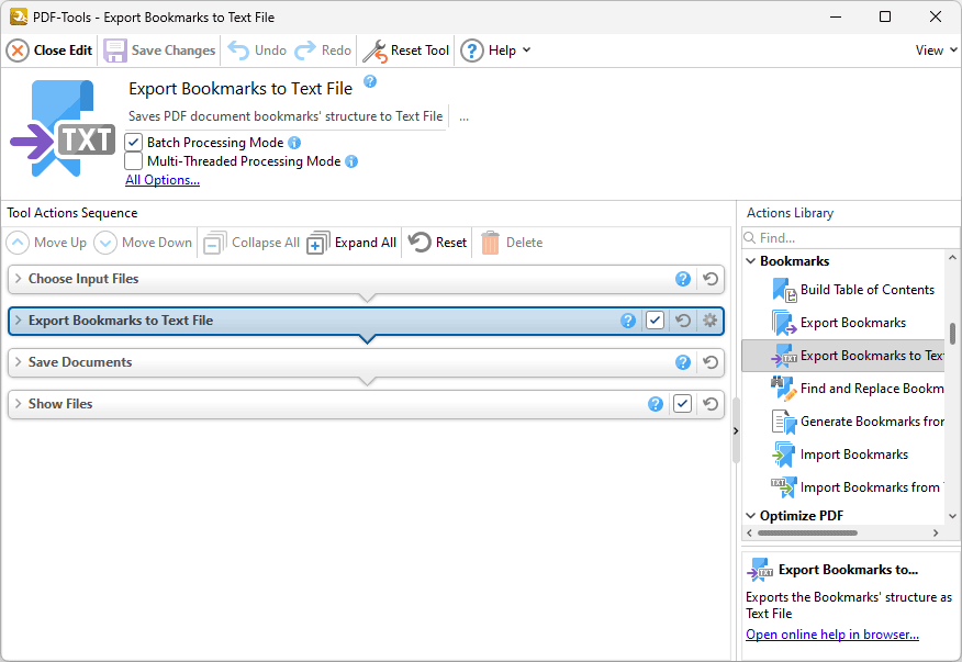 Default Tools > Bookmarks Tools > Export Bookmarks to Text File