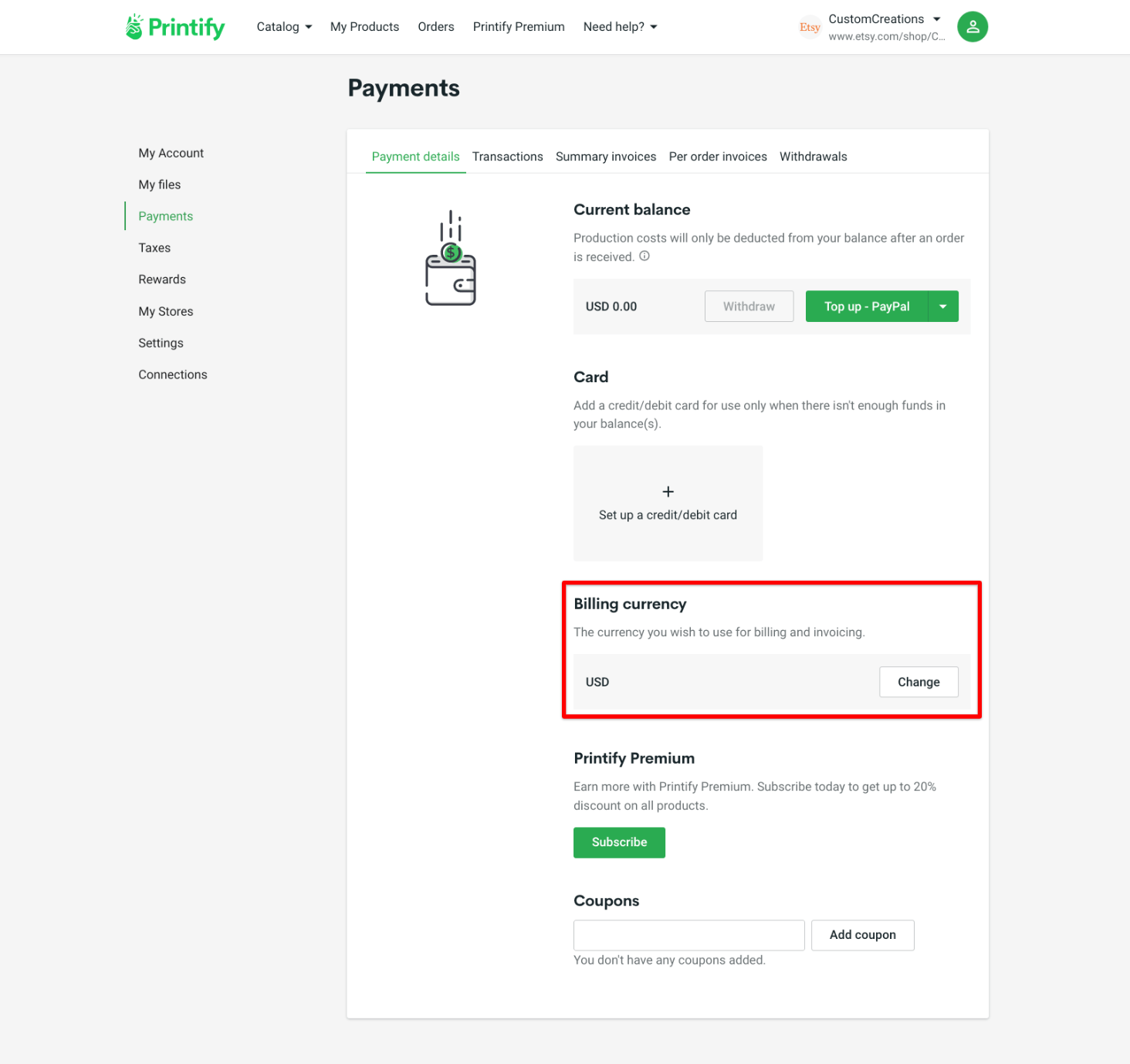 How can I change the currency on Printify? Printify