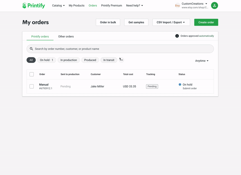 How can I create a manual order in Printify? Printify