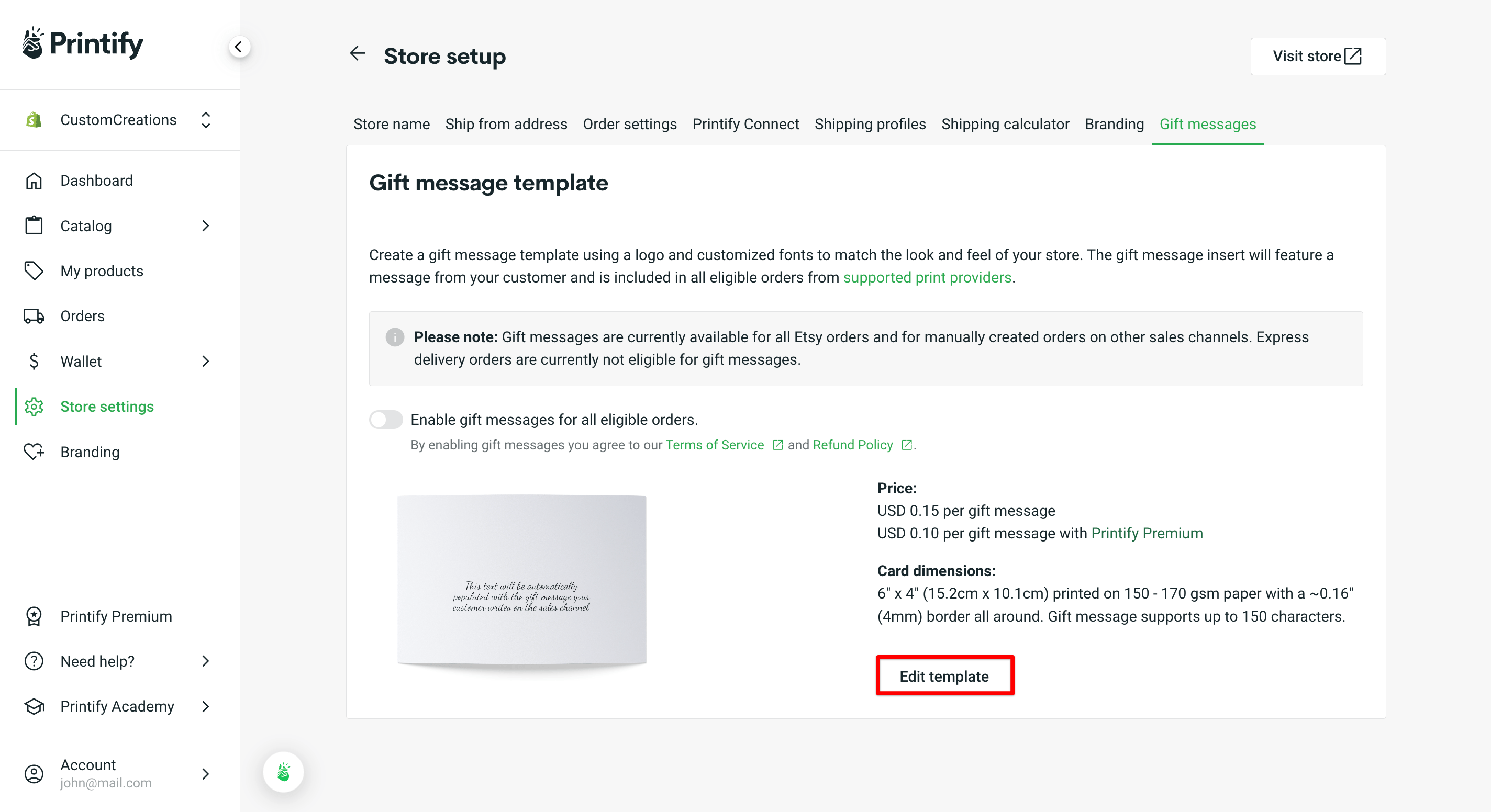 How can I set up personalized gift messages? Printify