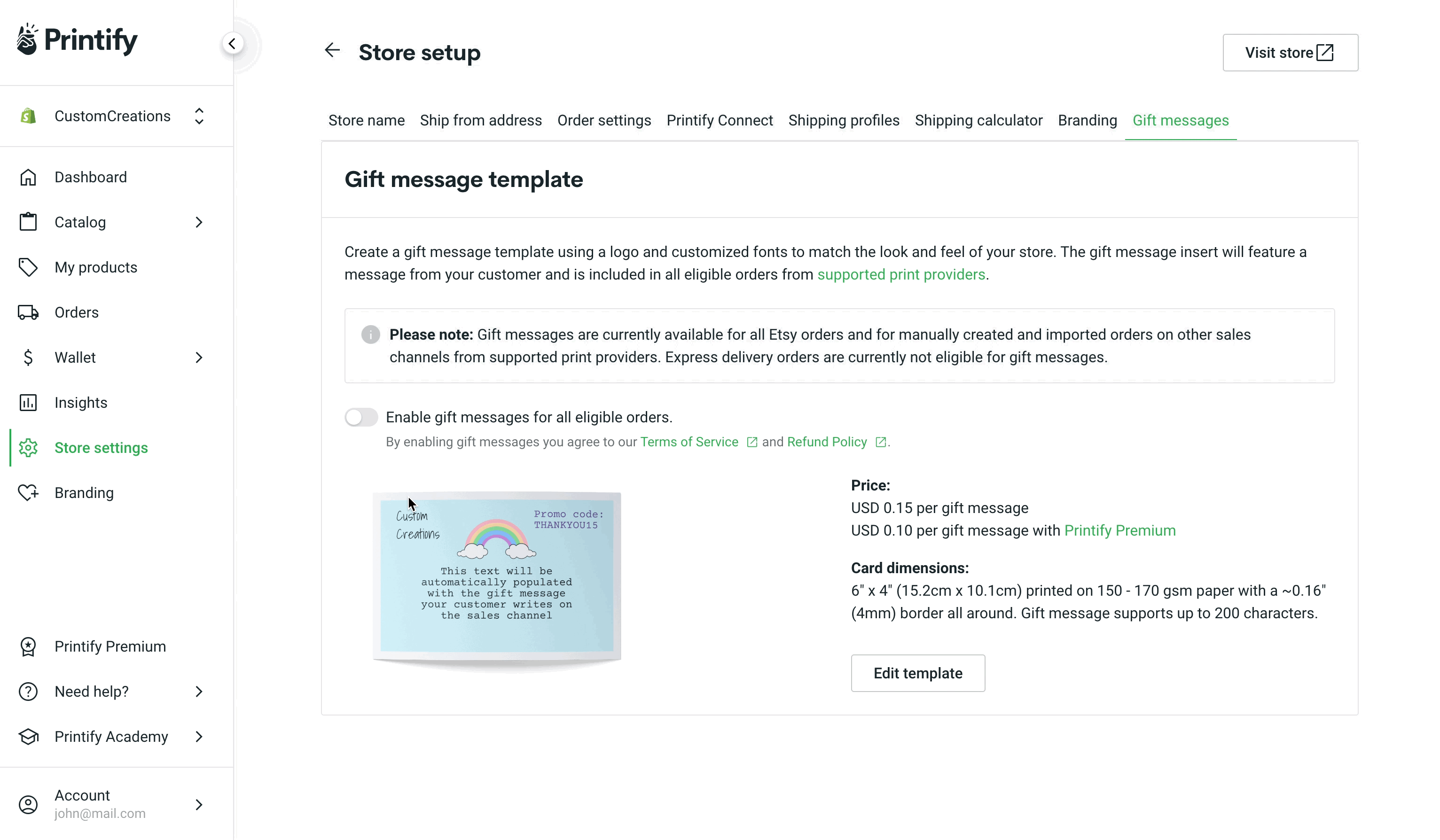 How can I set up personalized gift messages? Printify