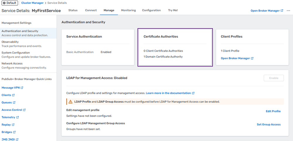 Configuring an Event Broker Service to use Client Certificate