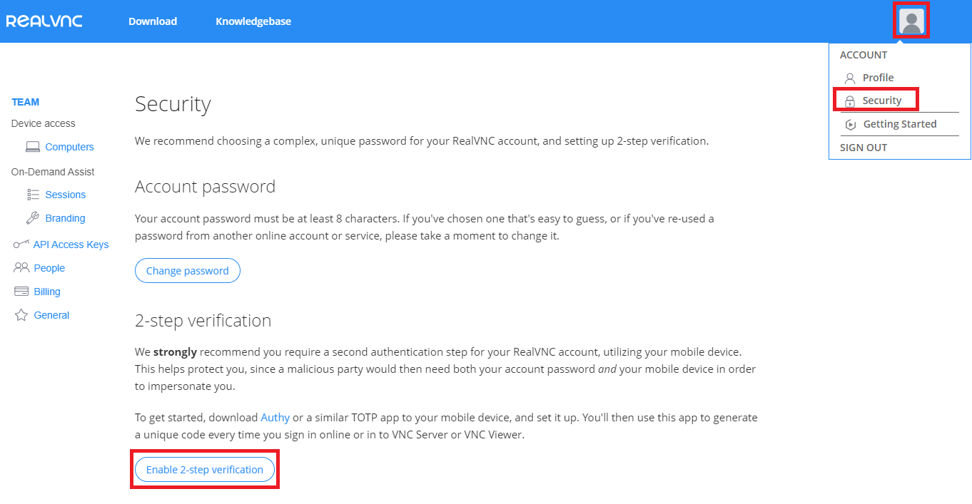 How do I set up 2step verification for my RealVNC account? RealVNC