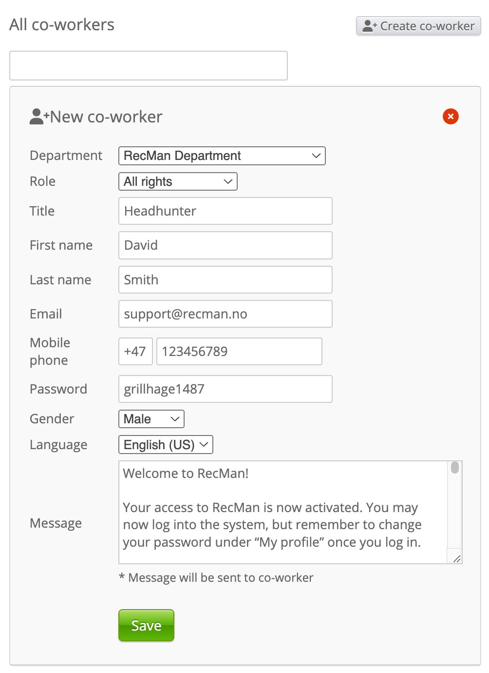 Coworker settings RecMan