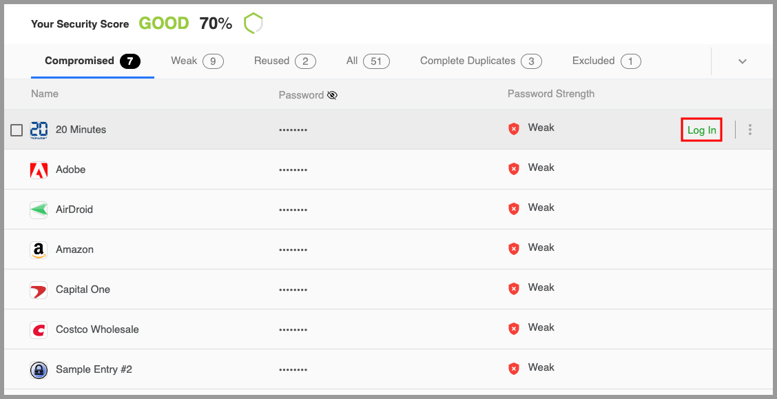 Compromised passwords in Security Center RoboForm