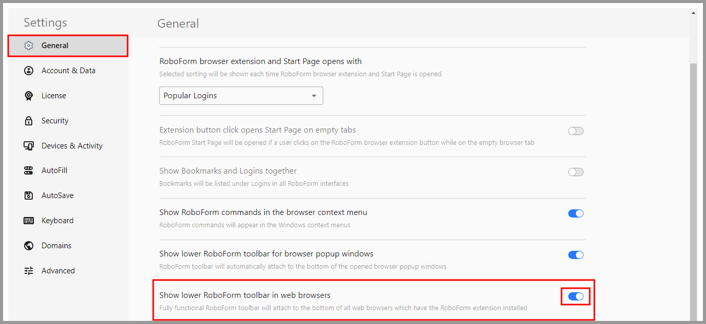 How to enable the RoboForm lower toolbar (Chrome, Edge, and Firefox