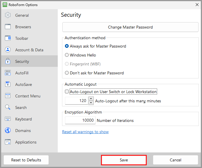 How can I stop RoboForm asking me to enter the Master Password