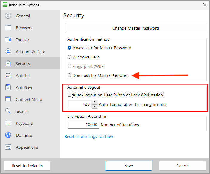 How can I stop RoboForm asking me to enter the Master Password