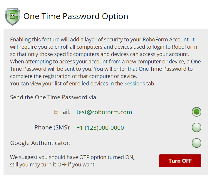 How to enable One Time Password (OTP) via email or SMS RoboForm