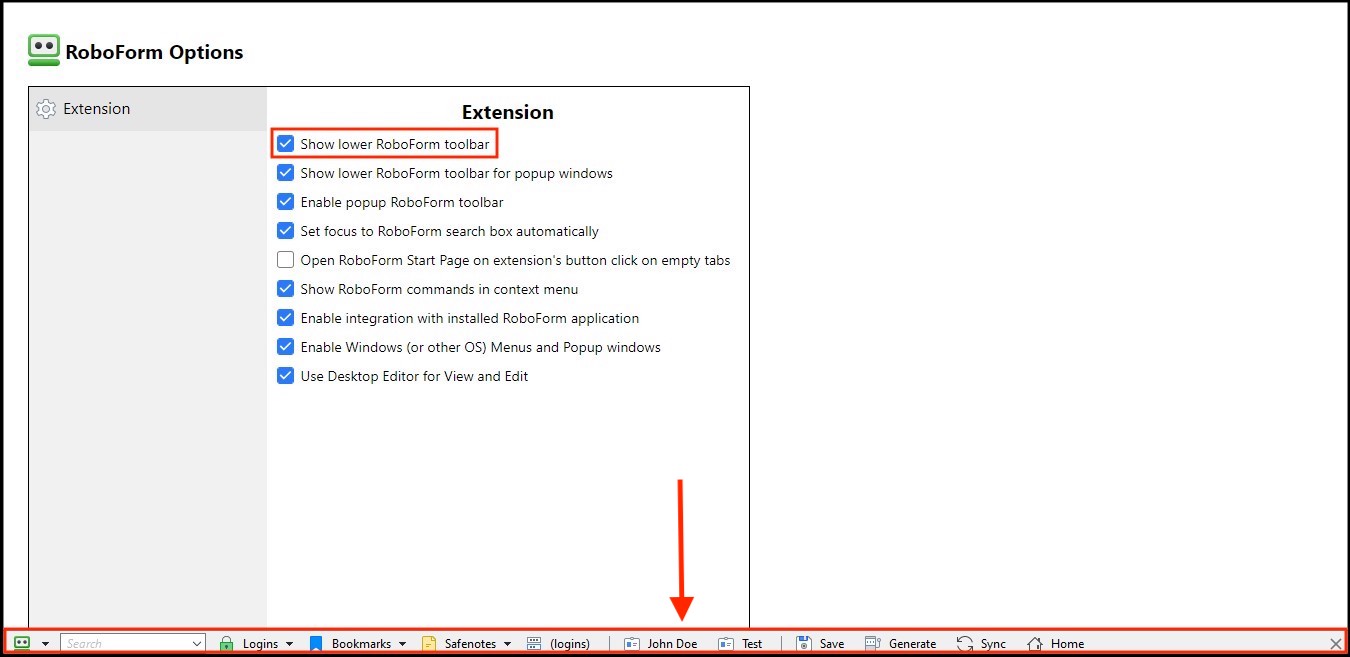 How to enable the RoboForm lower toolbar (Chrome, Edge, and Firefox