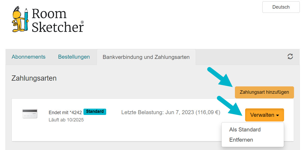 Wie kann ich meine Zahlungsart ändern? RoomSketcher Hilfe