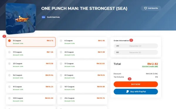 How to top up One Punch Man The Strongest (SEA) coupons in SEAGM