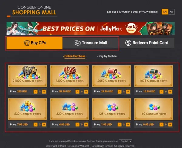 How to topup Conquer Online with HitPoints USD purchased from SEAGM