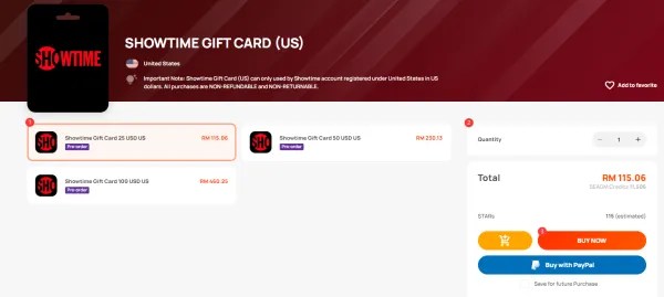 How to purchase Showtime Gift Card [US] in SEAGM? SEAGM English