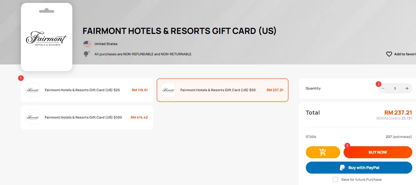 How to purchase the Fairmont Hotels & Resorts Gift Card [US] from SEAGM