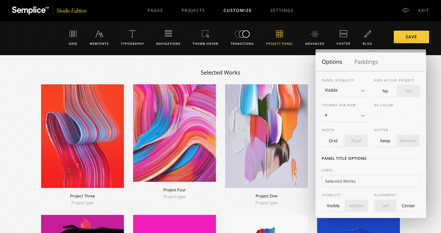 Using the project panel Semplice