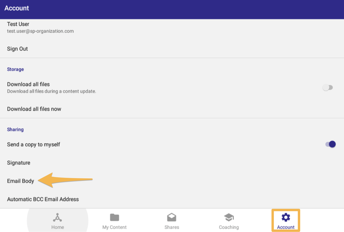 Setting up a default email body template for sharing content Showpad