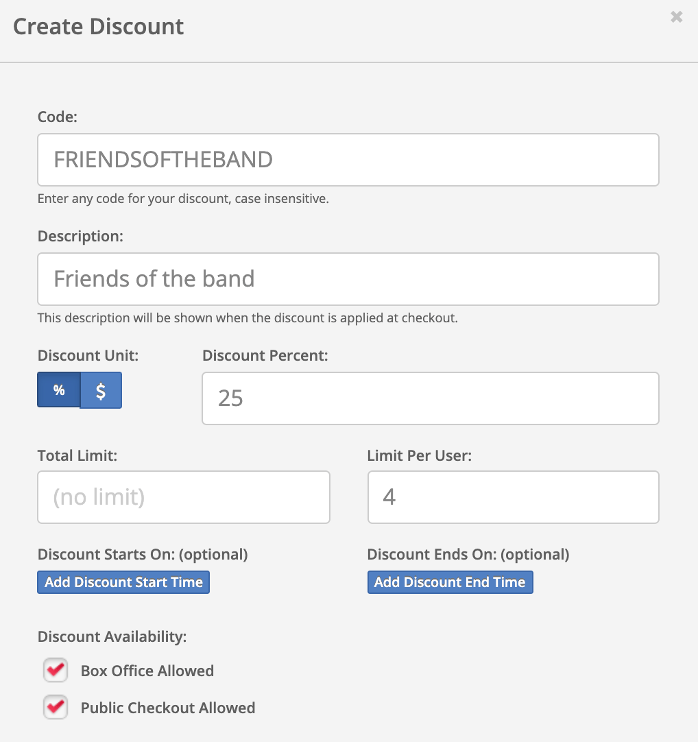 Creating a discount code Showpass