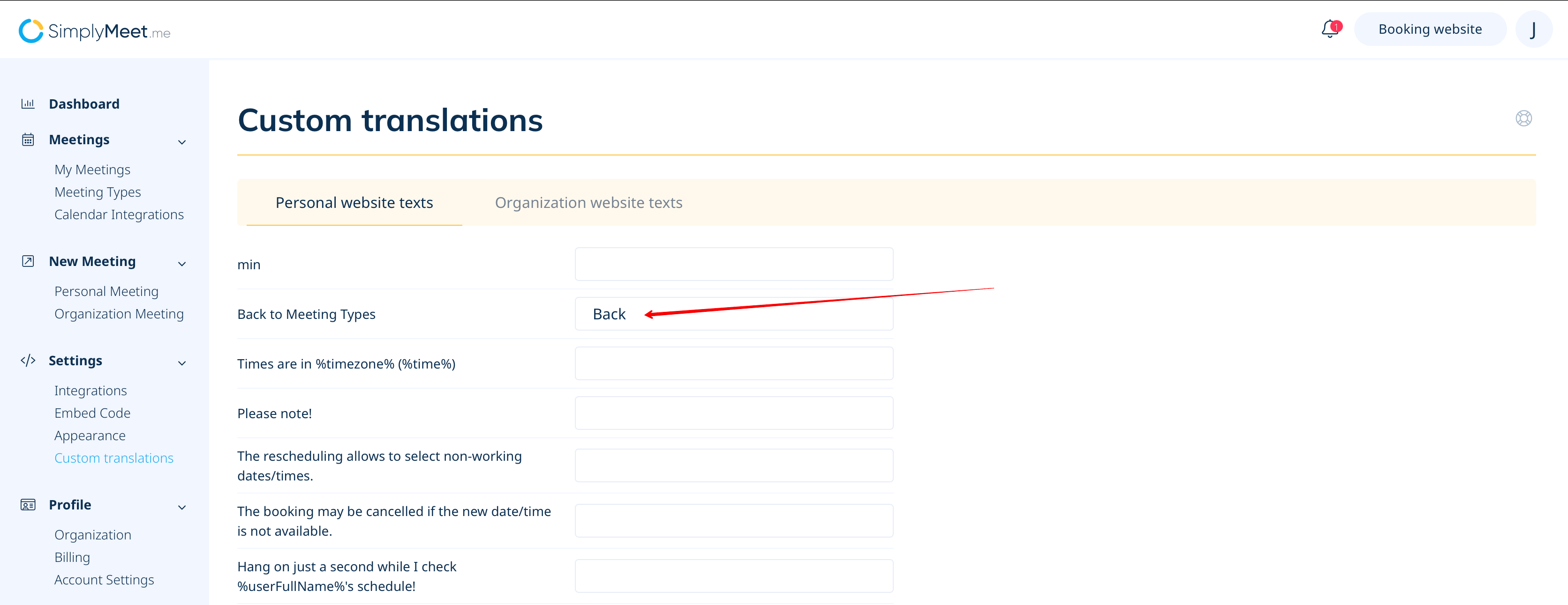 Custom translations SimplyMeet.me
