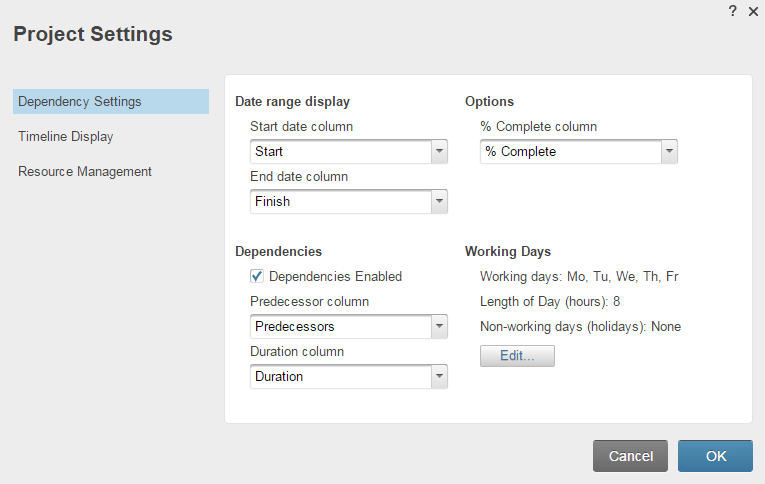Project Sheet Columns Start Date, End Date, Duration, Complete and