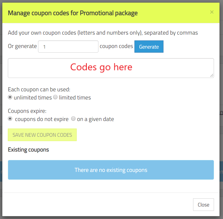 Using coupon codes for gift certificates, promotions, trial classes and