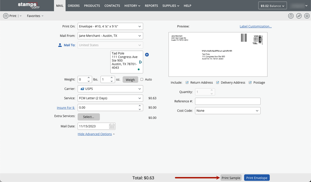 Print Sample Envelope Stamps