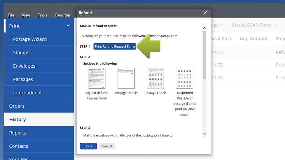 Request a Label Refund Stamps
