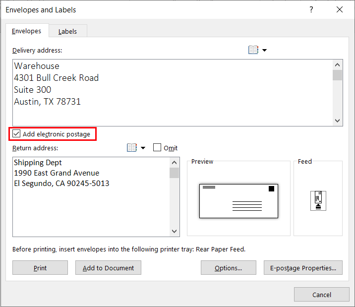 Print Postage from Microsoft Word or Outlook Stamps