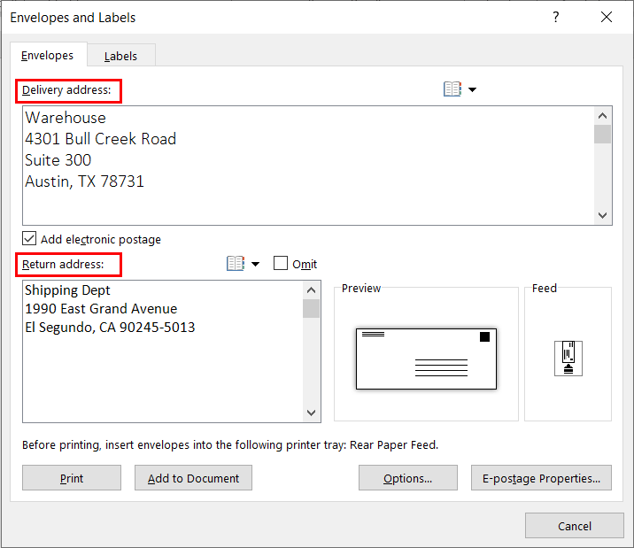 Print Postage from Microsoft Word or Outlook Stamps