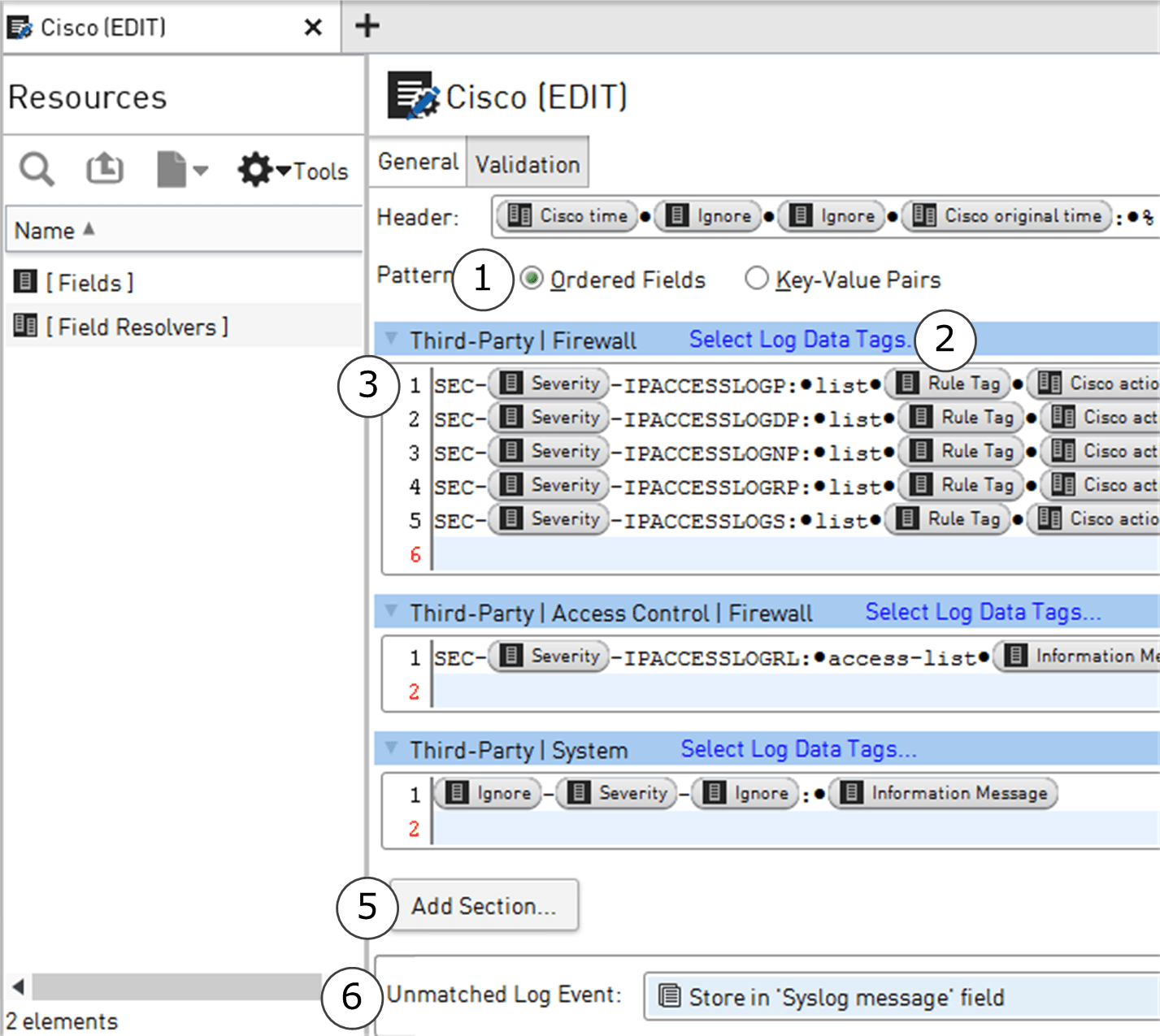 Define logging patterns as ordered fields in Logging Profile elements