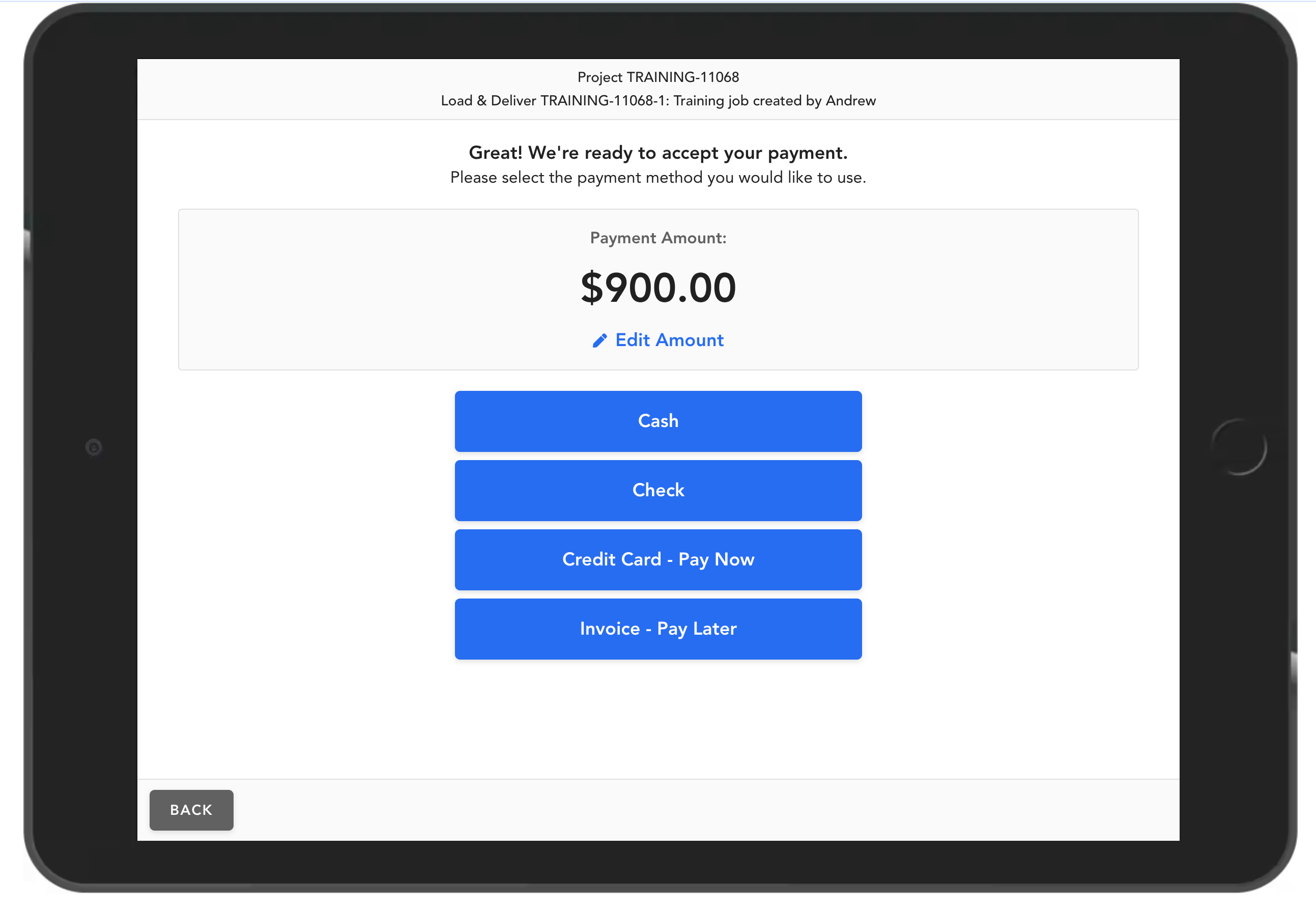 Applying a Previously Saved Credit Card for Payment on Crew App