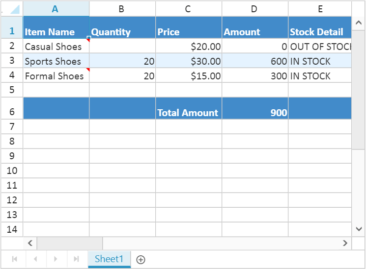 Data binding in Core Spreadsheet Control Syncfusion