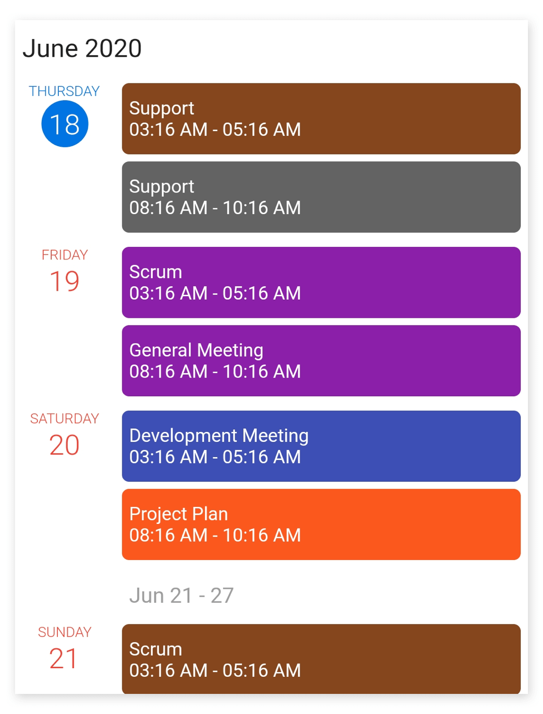Schedule view in Flutter Event Calendar widget Syncfusion