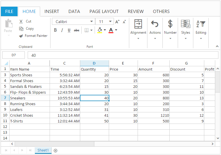 Rows and Columns with Spreadsheet widget for Syncfusion Essential JS