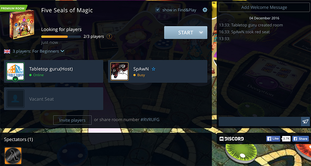 Game Modes Solo, Hotseat, Online Tabletopia