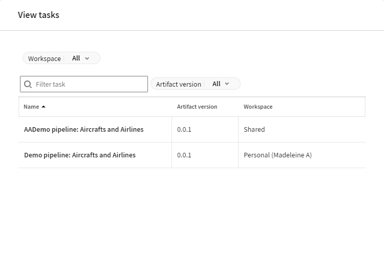 パイプラインアーティファクトを使ってタスクのリストを表示 Talend Management Console for Pipelines