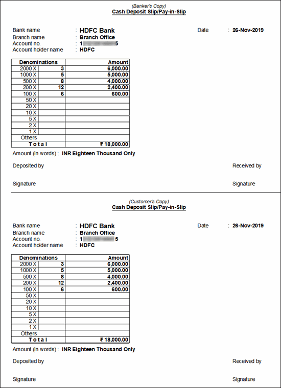 Printing Cash Deposit Slip