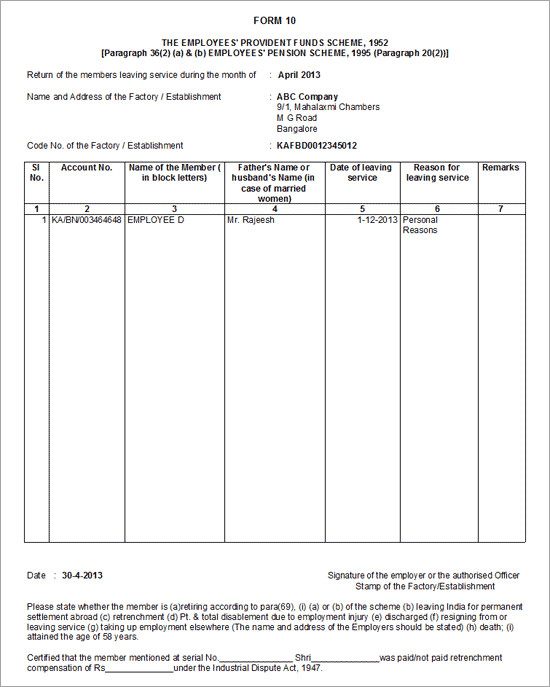 PF Form 10 (Payroll)