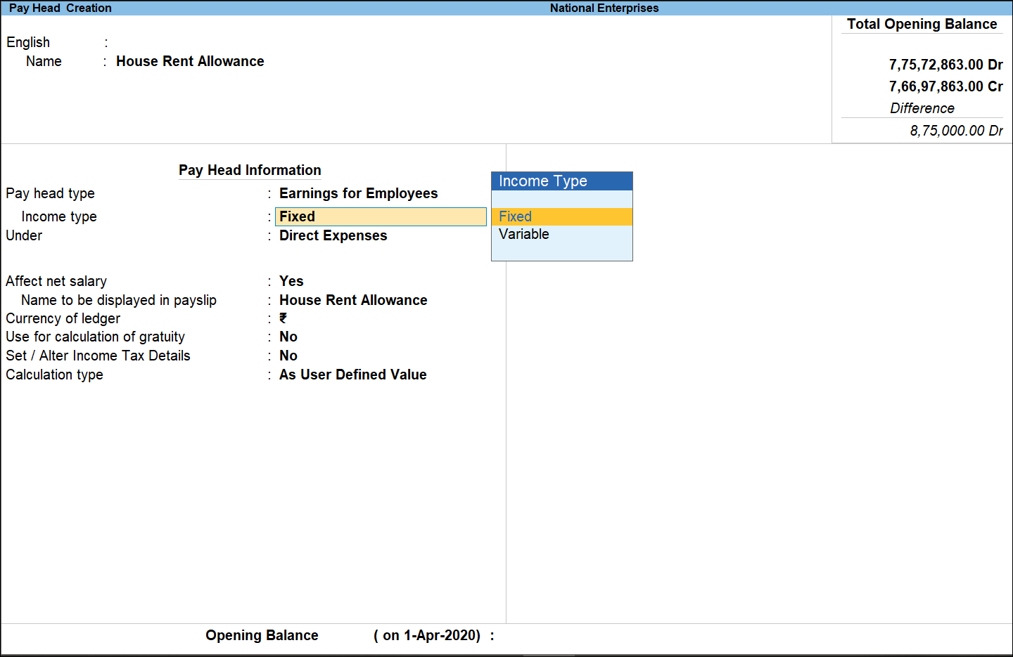 How to Define Earnings Pay Head with Calculation Type As Computed Value