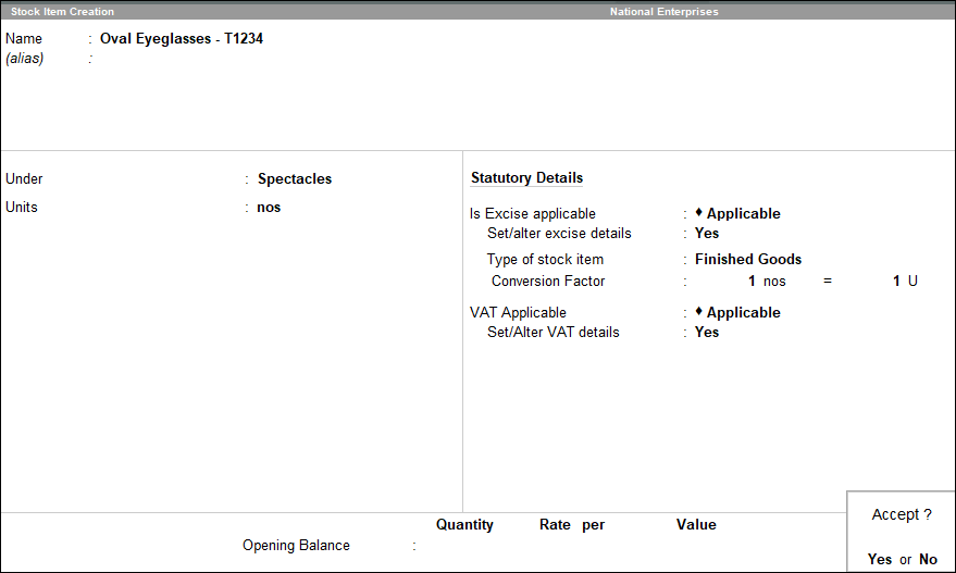 Create Stock Item in TallyPrime (Excise for Manufacturer)