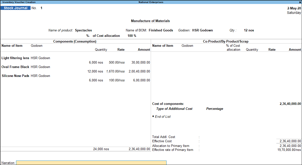 How to Record Manufacture of Finished Goods in TallyPrime (Excise for