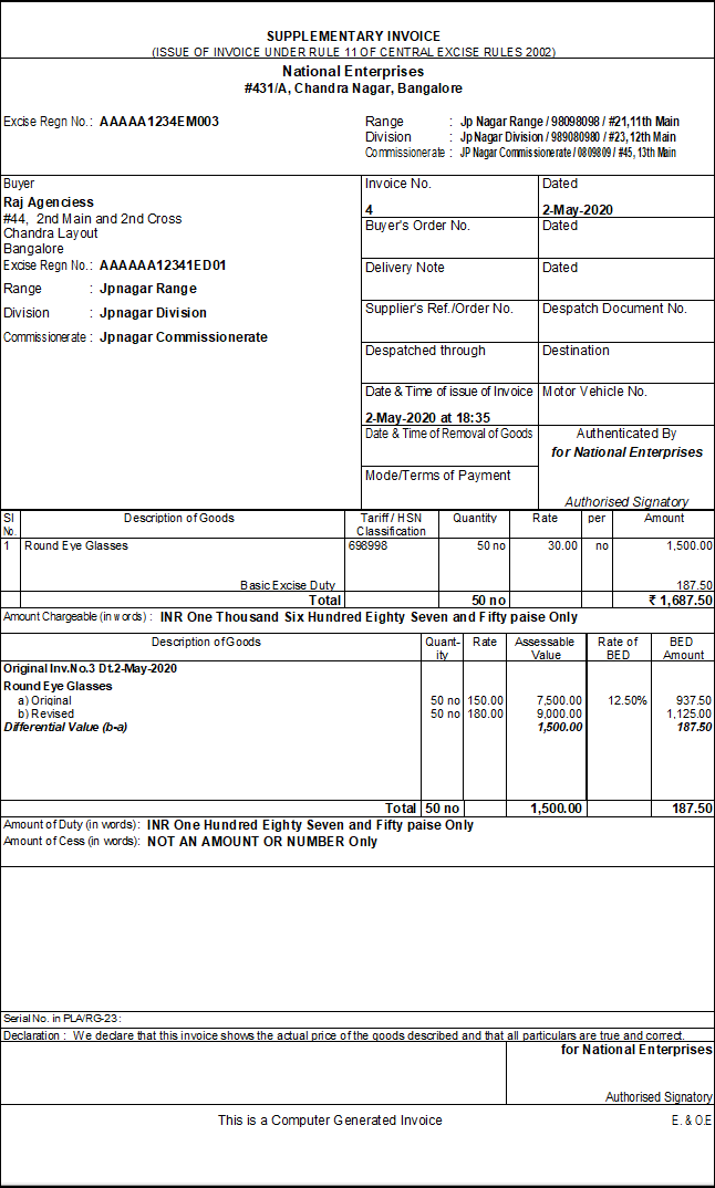 How to Record Excise Supplementary Invoice in TallyPrime TallyHelp